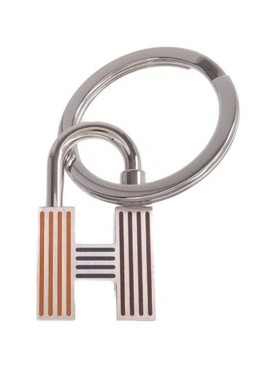 Pre-owned Hermes H-logo Striped Key Ring In Silver