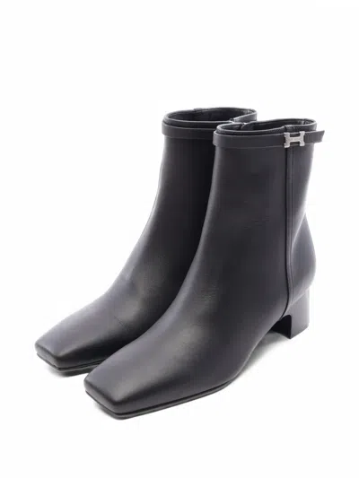 Pre-owned Hermes Hommage Paris Buckle Ankle Boots In Black