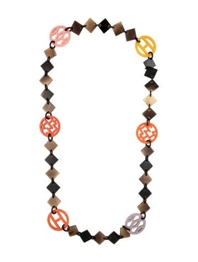 Pre-owned Hermes Horn & Lacquer Hava Station Necklace, 31" In Orange/pink/yellow