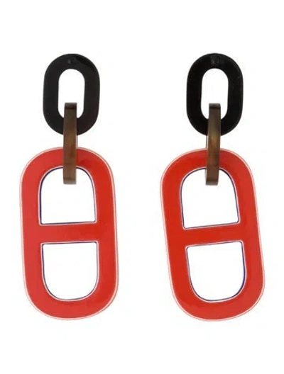 Pre-owned Hermes Horn & Lacquered Wood Drop Earrings In Multi
