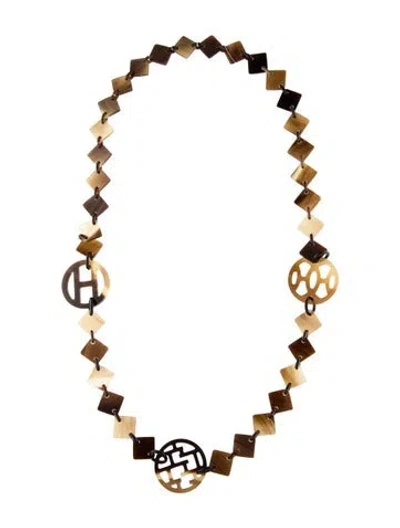Pre-owned Hermes Horn & Lacquered Wood Hava Necklace, 30" In Brown