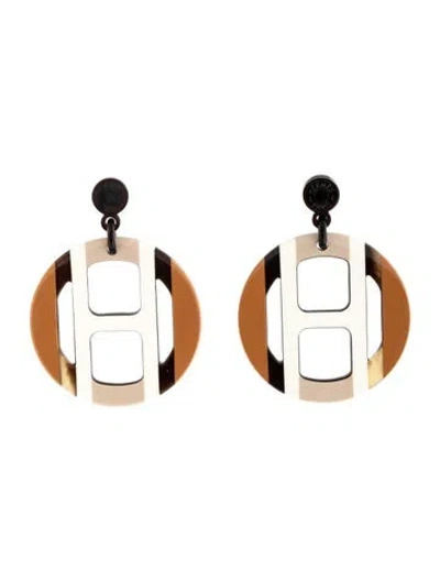 Pre-owned Hermes Horn H Equipe Earrings In Black/brown/neutrals