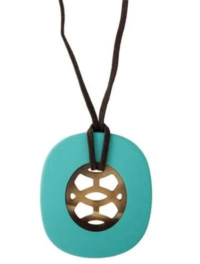 Pre-owned Hermes Horn, Lacquered Wood & Cord Lift Pendant Necklace, 29" In Brown