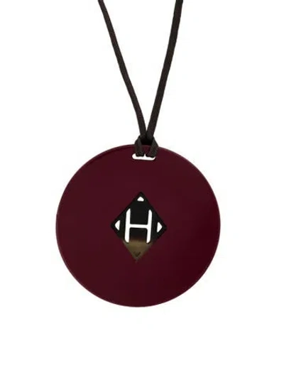 Pre-owned Hermes Horn, Wood, & Enamel Pendant Necklace, 34" In Burgundy