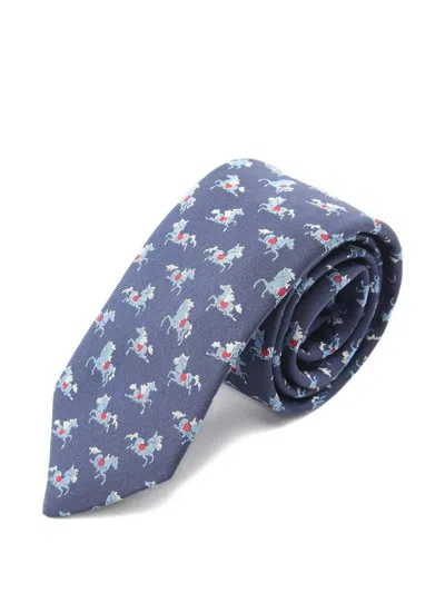 Pre-owned Hermes Horse Pattern Tie In Blue