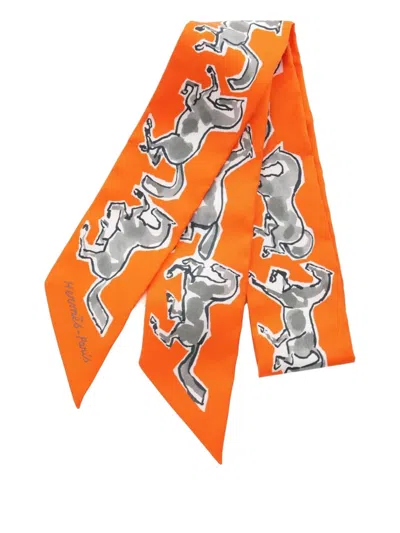 Pre-owned Hermes Horse-print Silk Scarf In Orange