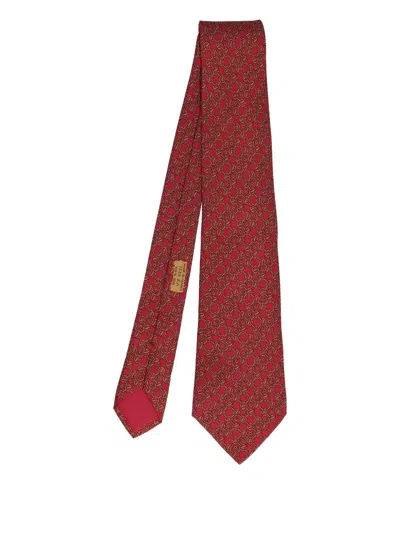 Pre-owned Hermes Horsebit-print Silk Tie In Red