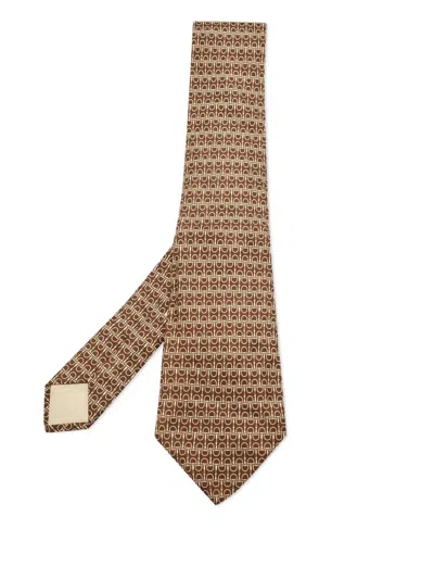Pre-owned Hermes Horsebit-print Silk Tie In Brown