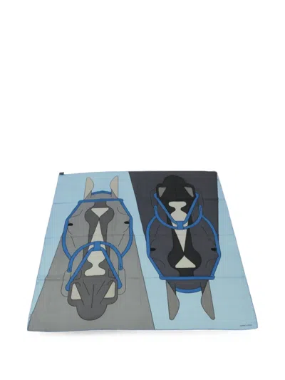 Pre-owned Hermes Horse-print Scarf In Blue