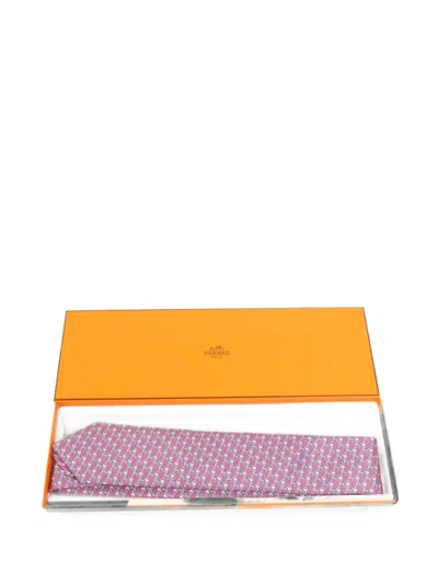 Pre-owned Hermes Horse-print Silk Tie In Purple