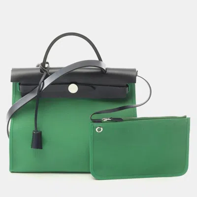 Pre-owned Hermes Herbag Zip Pm Hand Shoulder Bag D Toile Officie Hunter Mint In Green