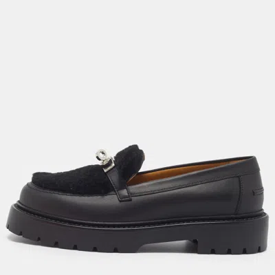Pre-owned Hermes Hermès Icone Size 37 Black Leather And Shearling Fur Loafers