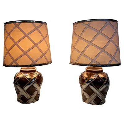 Pre-owned Hermes Important Pair Of Ceramic Lamps With Ribbons Decor, French, Circa 1970 In Brown