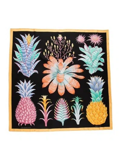 Pre-owned Hermes Index Bromeliaceae Silk Scarf In Black