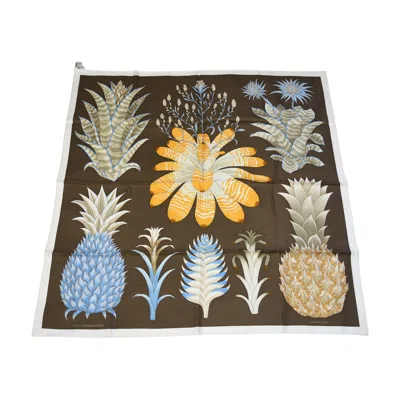 Pre-owned Hermes Index Bromeliaceae Silk Square Scarf 90 Brown Blue Yellow