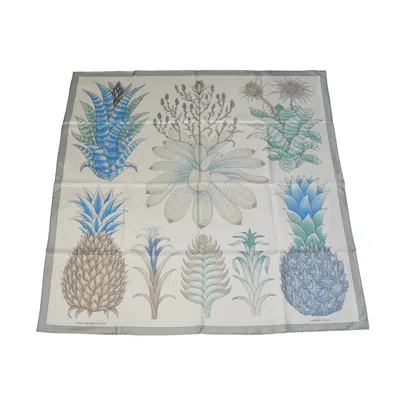Pre-owned Hermes Index Bromeliaceae Silk Square Scarf 90 Gris Argent Bleu Vert Amande