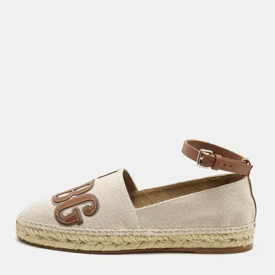 Pre-owned Hermes Indirizzo Size 37 Beige/brown Canvas And Leather Espadrille Flats In Sand