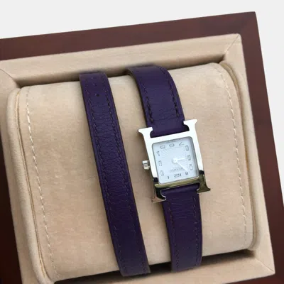 Pre-owned Hermes Iris/ Purple Evercolor Heure H Mini Watch 21 Mm In White