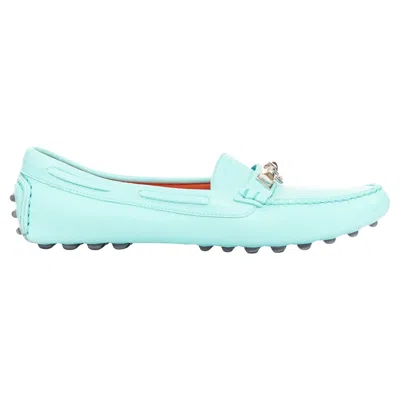 Pre-owned Hermes Irving Cyan Blue Leather Silver Stud Driving Loafers Eu35.5
