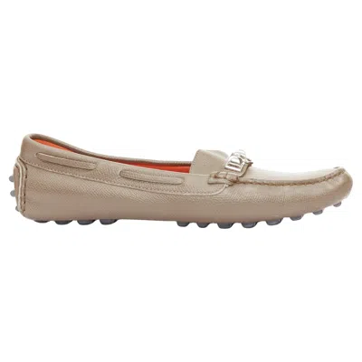 Pre-owned Hermes Irving Stone Taupe Leather Silver Stud Driving Loafers Eu35.5 In Brown