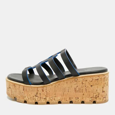 Pre-owned Hermes Hermès Isabella 30 Size 39 Black Leather Cork Wedge Sandals