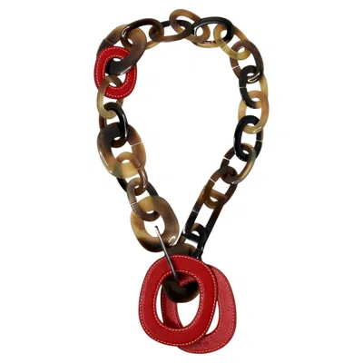 Pre-owned Hermes Hermès Isidore Red Leather & Buffalo Horn Link Necklace