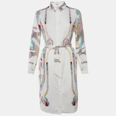Pre-owned Hermes Ivory Cavalcadour Morning Print Silk Shirt Dress S In White