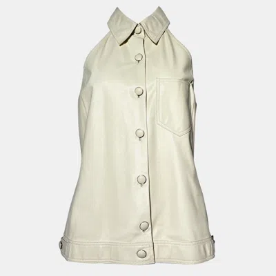 Pre-owned Hermes Ivory Leather Buttoned Collar Sleeveless Shirt Size M In Cream
