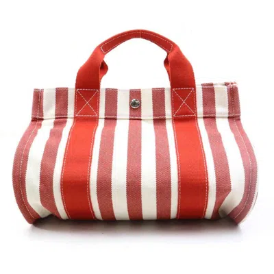 Pre-owned Hermes Ivory Red Color Cotton Handbag Tote Bag ()