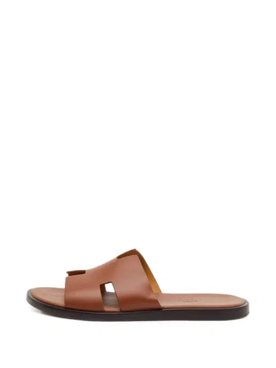 Pre-owned Hermes Izmir H-cut Slide Sandals In Brown