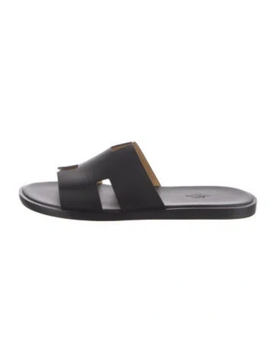 Pre-owned Hermes Izmir Leather Slides In Black