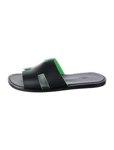 Pre-owned Hermes Izmir Leather Slides In Black