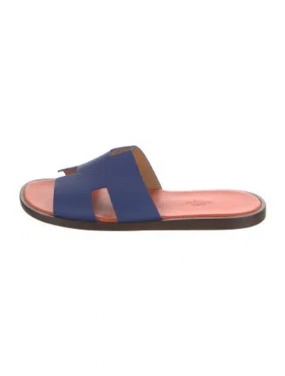 Pre-owned Hermes Izmir Leather Slides In Blue