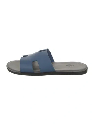 Pre-owned Hermes Izmir Leather Slides In Blue