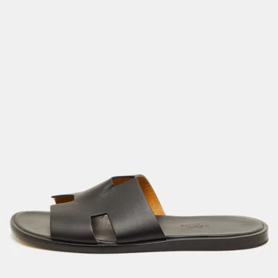 Pre-owned Hermes Izmir Size 40 Black Leather Flat Slide Sandals