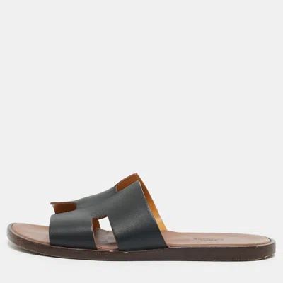 Pre-owned Hermes Izmir Size 40.5 Navy Blue Leather Flat Slide