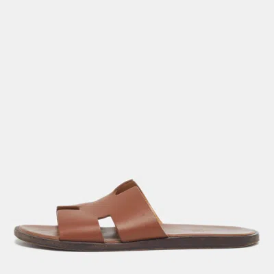 Pre-owned Hermes Izmir Size 41 Brown Leather Flat Slide