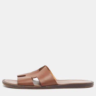 Pre-owned Hermes Hermès Izmir Size 41 Brown Leather Flat Slide