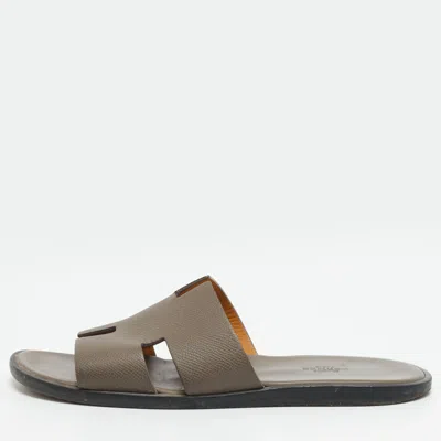 Pre-owned Hermes Izmir Size 41 Brown Leather Flat Slides