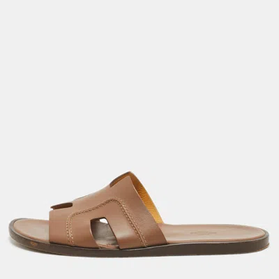 Pre-owned Hermes Izmir Size 41 Brown Leather Flat Slides