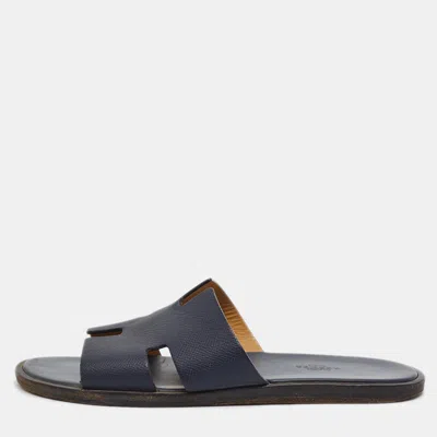 Pre-owned Hermes Izmir Size 41 Navy Blue Leather Slide Flats