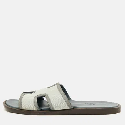 Pre-owned Hermes Izmir Size 41 Two Tone Canvas And Suede Flat Slide In Gray