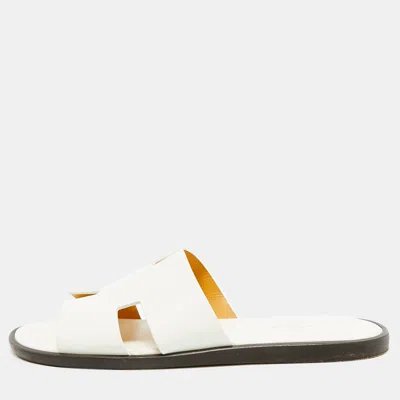 Pre-owned Hermes Izmir Size 41 White Leather Slide Sandals
