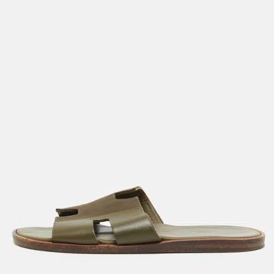 Pre-owned Hermes Izmir Size 41.5 Green Canvas And Leather Flat Slides