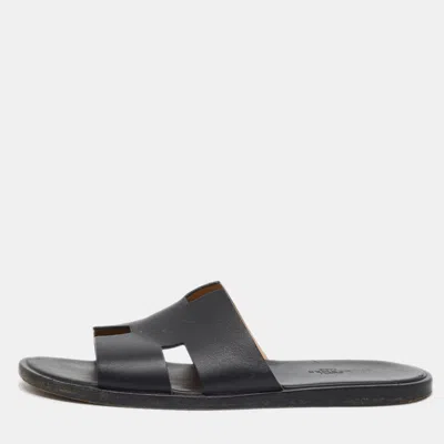 Pre-owned Hermes Izmir Size 42 Black Leather Flat Slides