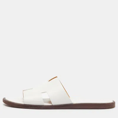 Pre-owned Hermes Izmir Size 42 White Leather Flat Slide