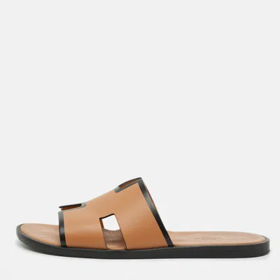Pre-owned Hermes Izmir Size 43 Brown/black Leather Flat Slides