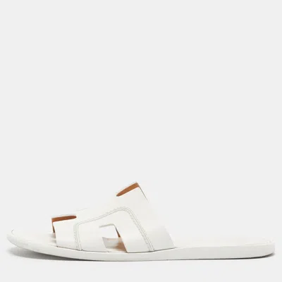 Pre-owned Hermes Izmir Size 43.5 White Leather Flat Slides