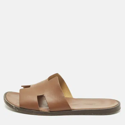 Pre-owned Hermes Izmir Size 44 Brown Leather Flat Slide Sandals