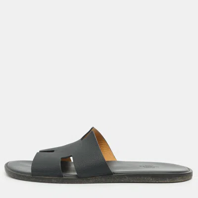 Pre-owned Hermes Hermès Izmir Size 44 Navy Blue Leather Flat Sandals